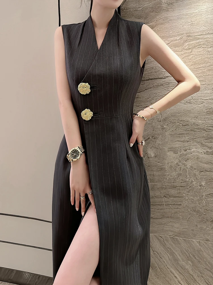 SHENGPALAE Women\'s 2 Pieces Sets Fashion Striped Suit Jacket V-neck Sleeveless Single Breasted Slit Dress Autumn 2024 New 5R5493