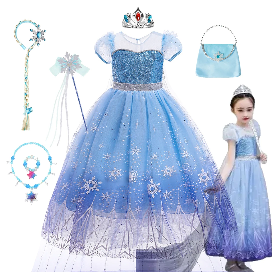 Girls Elsa Cosplay Princess Costume Frozen Role Play Dress Up Fancy Frocks Party Gown Sequin Mesh Vestidos Girls Birthday Dress