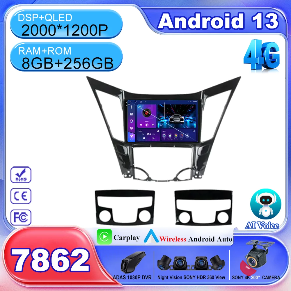 Car Android13 For Hyundai Sonata 6 YF i40 i45 2009-2014 Auto Multimedia Player GPS Navigation No 2din DVD HDR QLED Screen 7862 