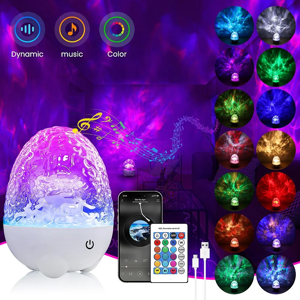 

Ночник RGB Water Ripple с дистанционным управлением, 4 режима освещения, перезаряжаемый Bluetooth-динамик, атмосферный светильник для спальни