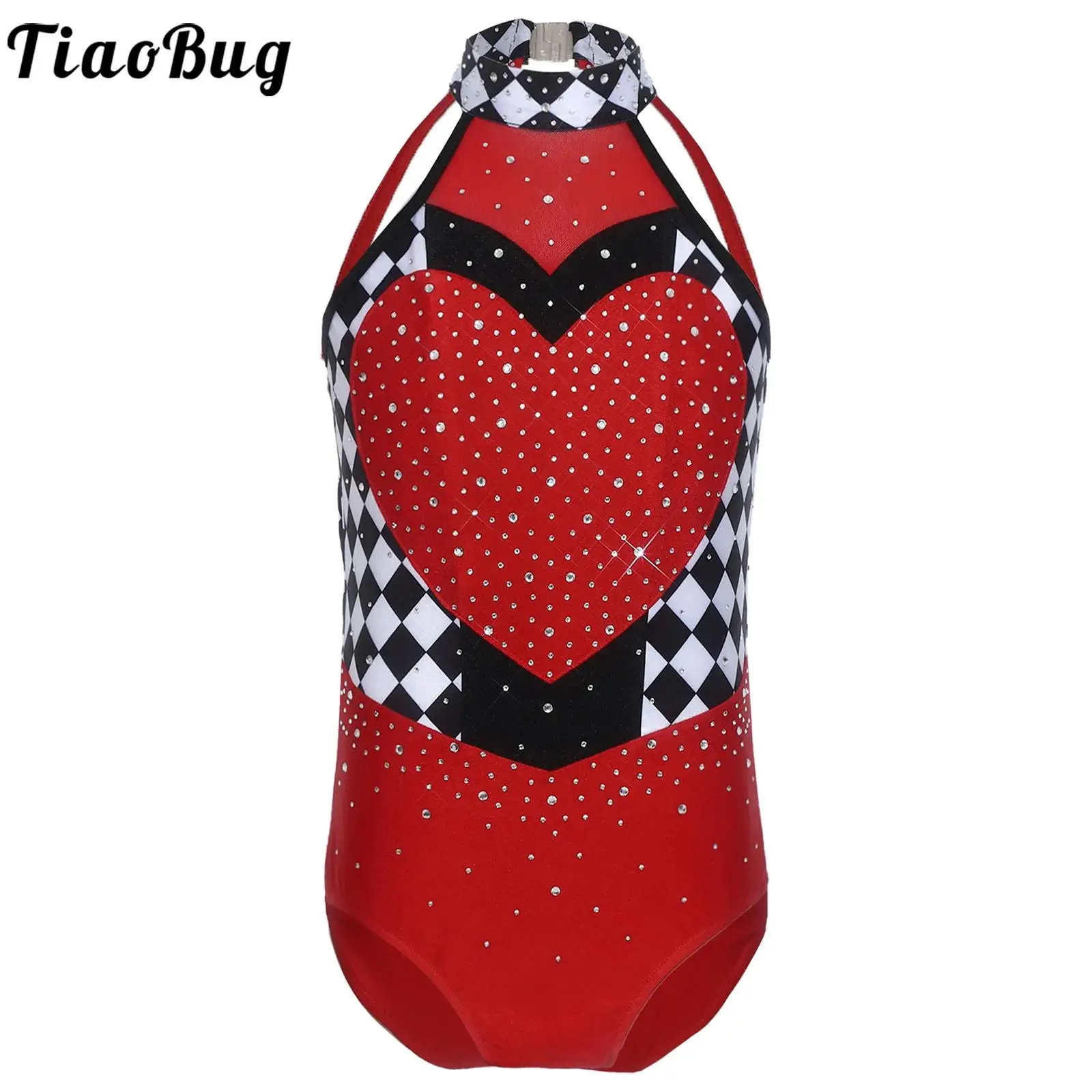Kids Girls Rhinestones Heart Queen Costume Leotards Jazz Ballet Dance Clothes Halter Sleeveless Contrast Color Bodysuit Jumpsuit