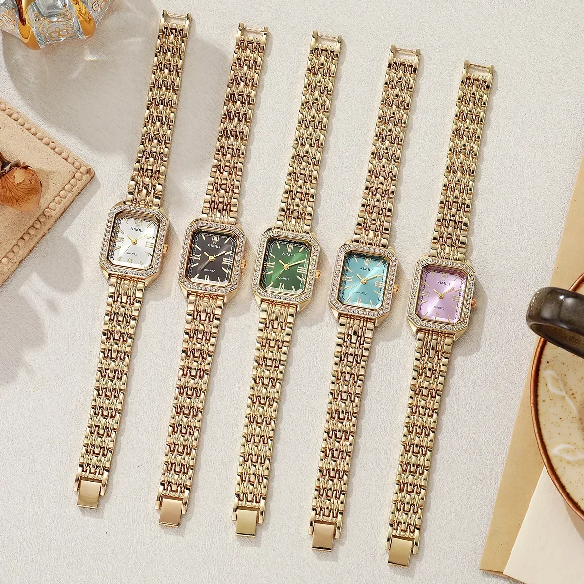 XIMILI Summer New Ladies Vintage Roman Numerals Rhinestone Dial Steel Strap Student Casual Quartz Watch