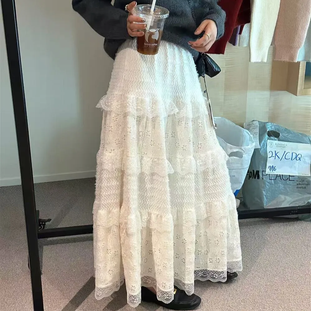 

Chic Korean Sle High Waist Lace Skirt Women's Full Body Cake Skirt Ele Gentle Super Heavy Embroidery Large Skirt