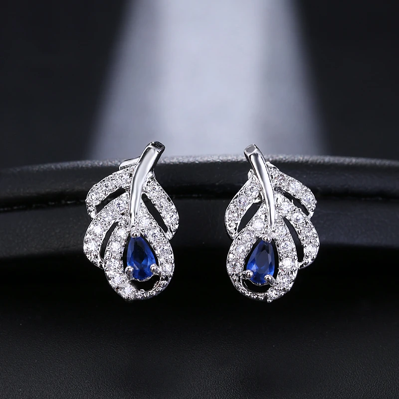 JMK Luxury Blue Crystal Cubic Zircon Stud Dangle Earrings For Women Bridal Wedding Silver Plated Party Accessories Jewelry