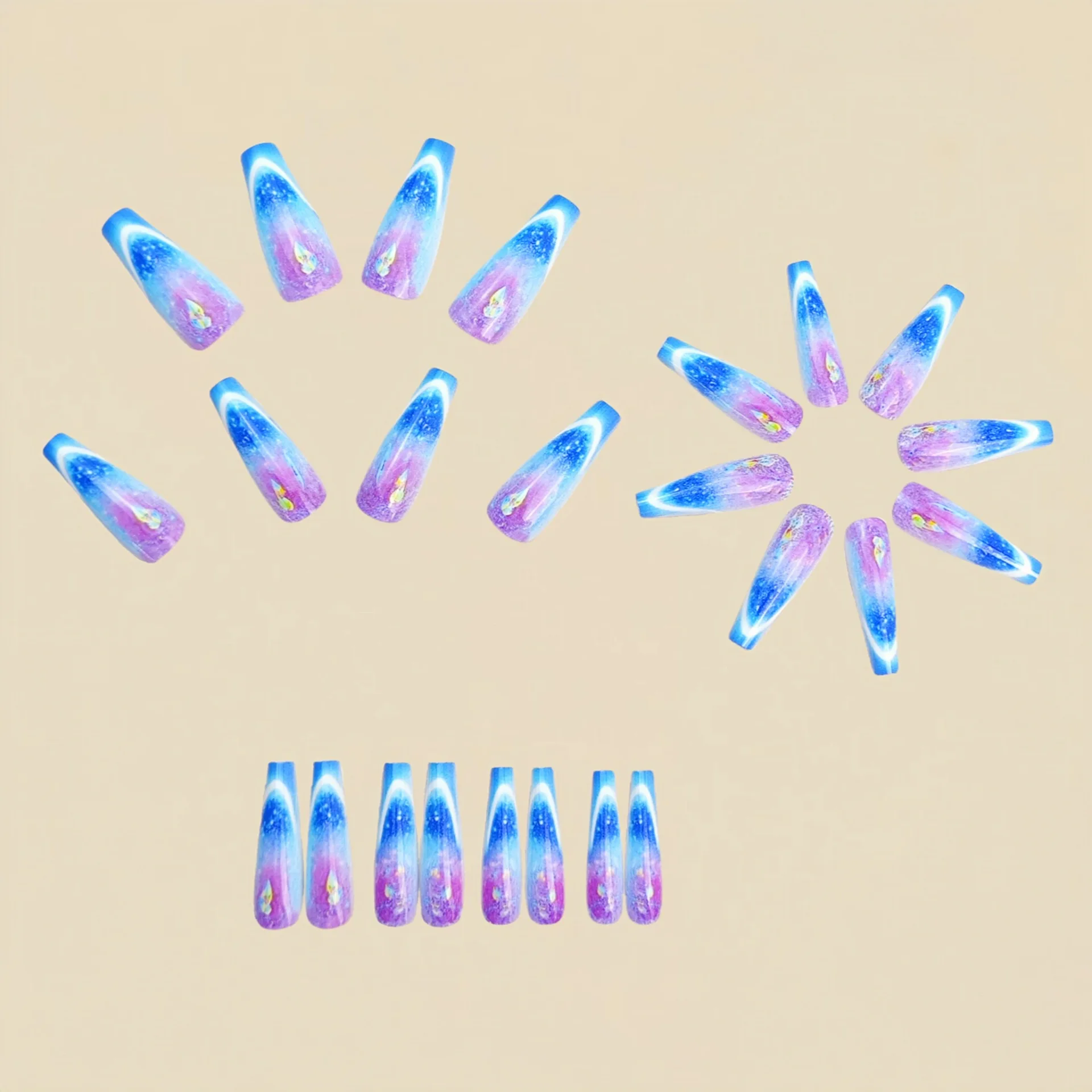 Medium Long Fake Nails for Women Gradient Purple Blue Strip Grid Print French Ballet Shape Full Cover Press On Acrylic Nail Art