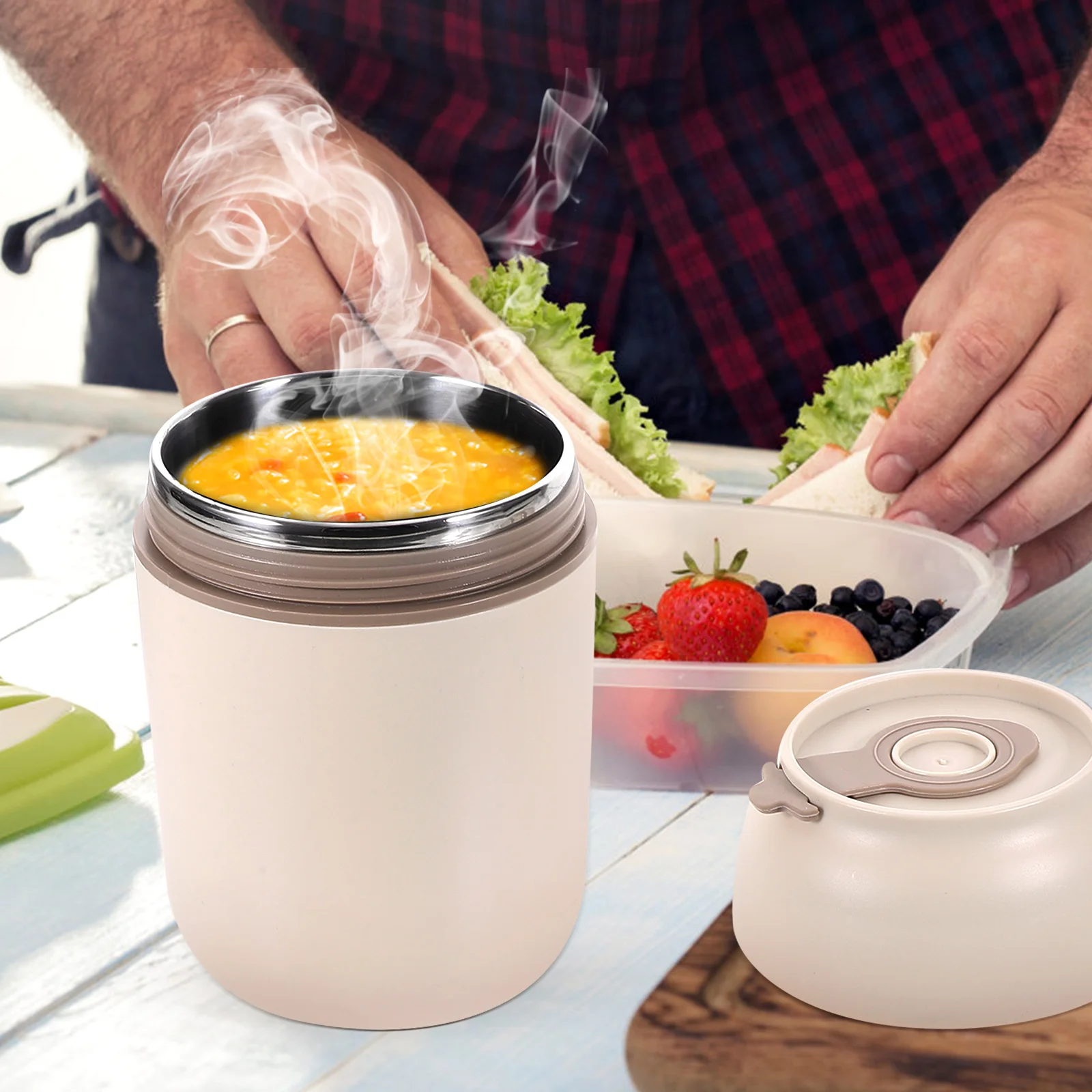 

304 Stainless Steel Mini Smoldering Cup 500ml Beige Food Grade Insulated Lunch Mug for Camping Picnic Portable Heat Resistant