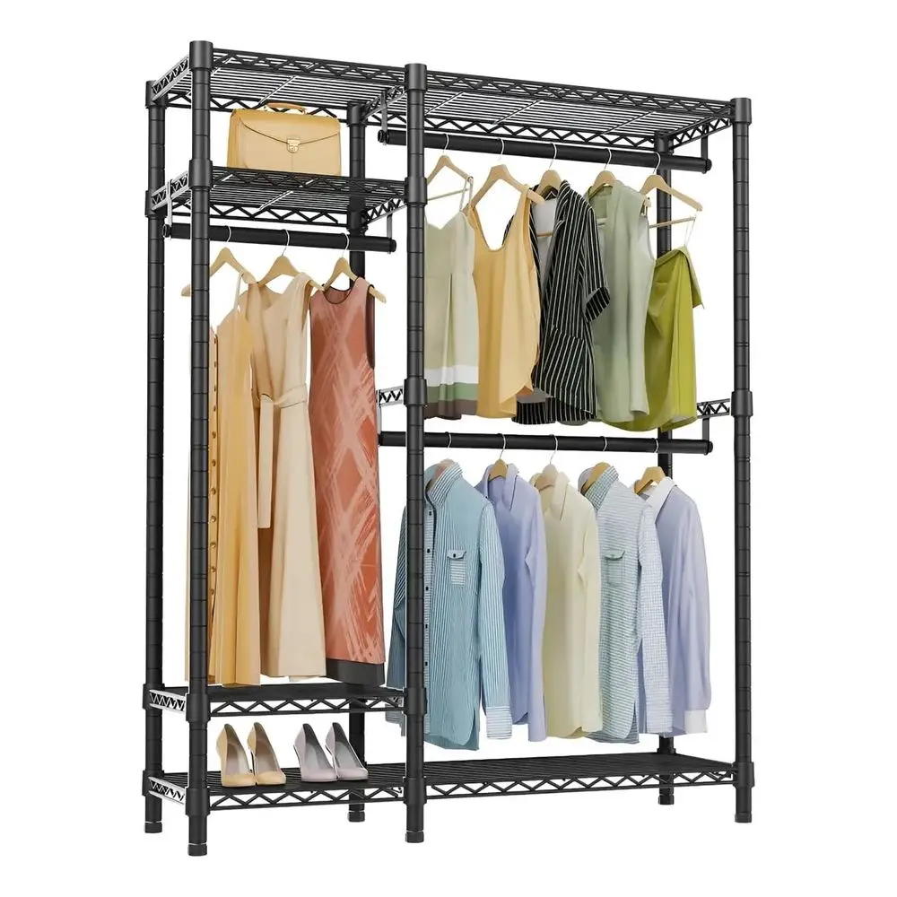 Armario Metálico para Ropa con 5 Estantes, Perchero y Barra para Colgar Ropa con Repisas y Barras Ajustables, Resistente