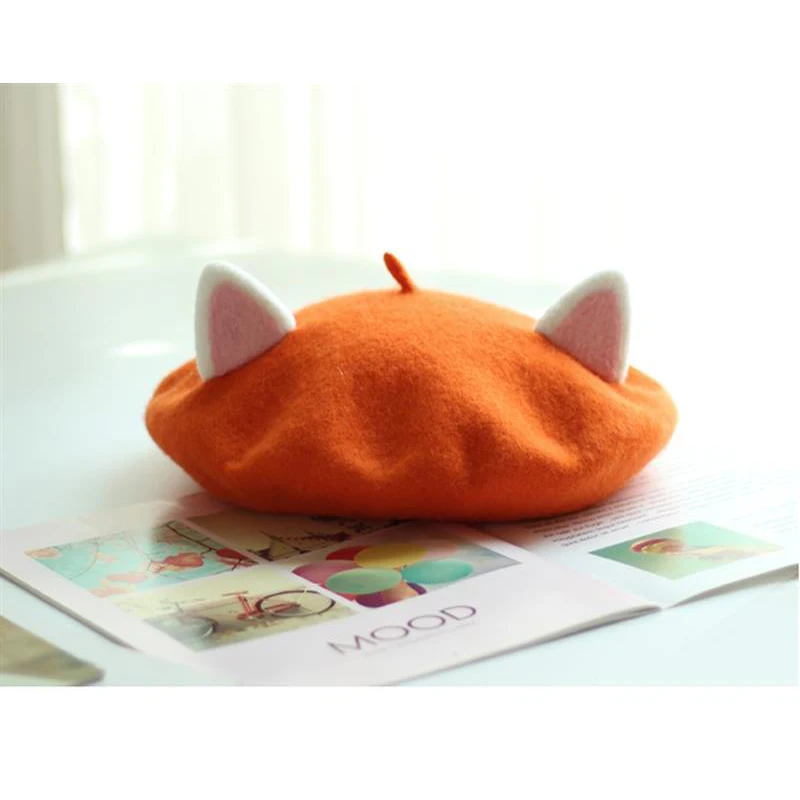 Women Painter Hat Handmade Wool Cat Ears Creativity Cute Autumn Winter Hat Costume Wool Felt Cartoon Funny Beret