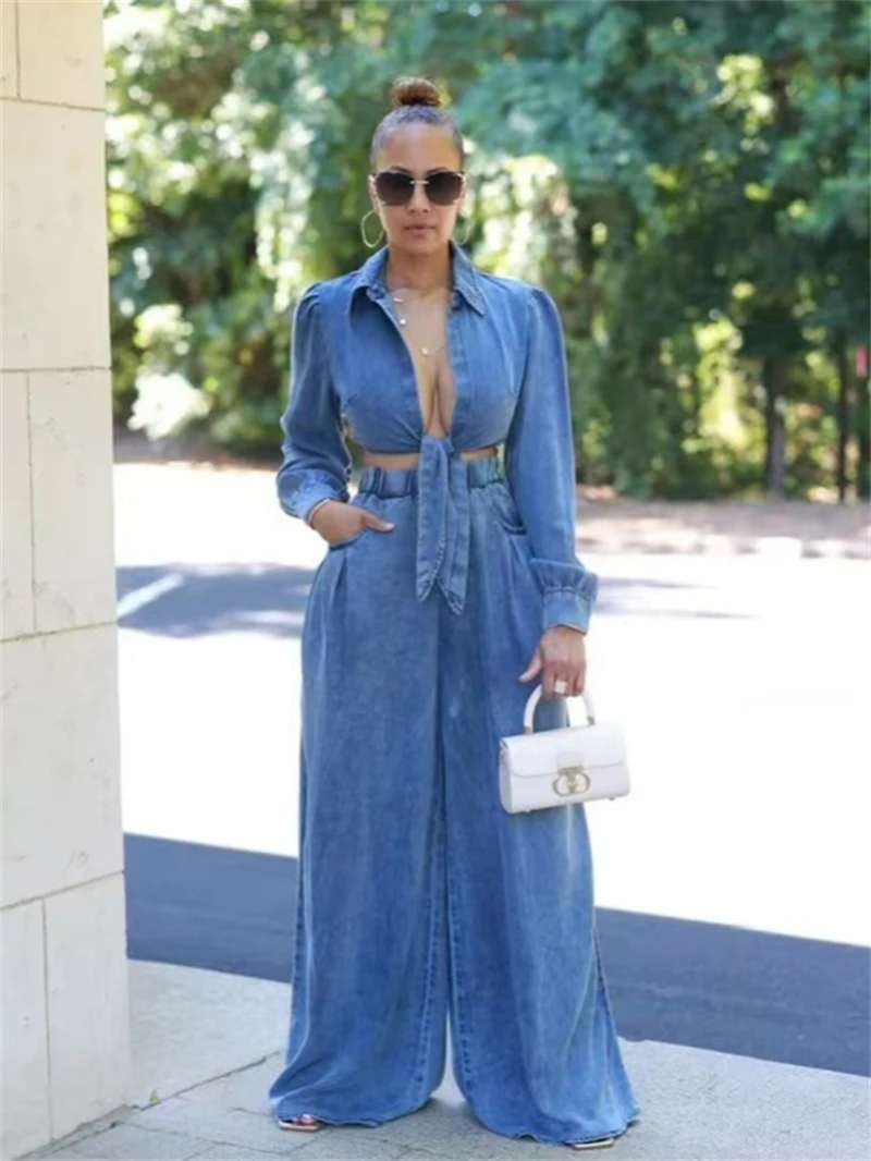 Roupa jeans feminina, camisa com renda, top cropped, calça de perna larga, moletom da moda, roupas de outono, conjuntos 2 pcs, 2024