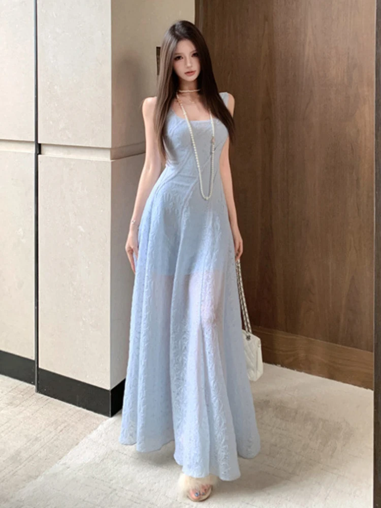 Women Vacation Clothes Sweet Blue Sheer Sexy Tank Slim Maxi Long A-Line Dress Elegant Lady Fashion Party Prom Vestidos Robe New