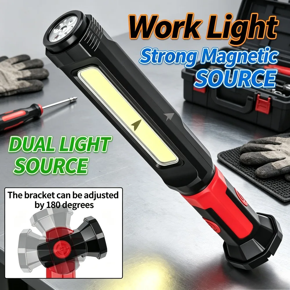 Magnetic 2‑in‑1 COB Strip Work Flashlight  New White Red Light Super Bright Torch for Vehicle Repair Emergency Lighting