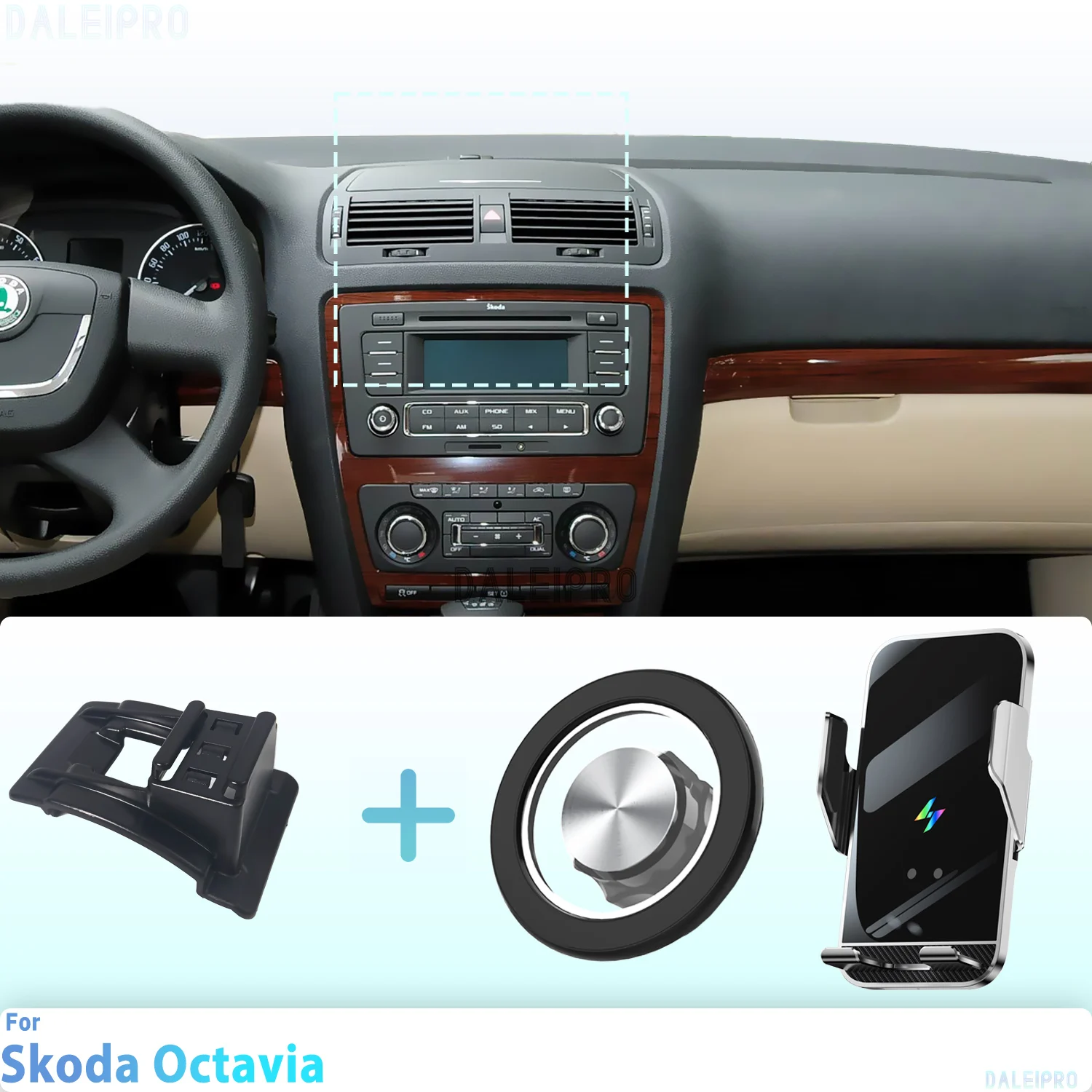 Suporte para Telefone Personalizado para Skoda Octavia 2007-2014, Montagem Magnética para Carro, Carregamento Sem Fio com Sensor Inteligente, Liberaçã