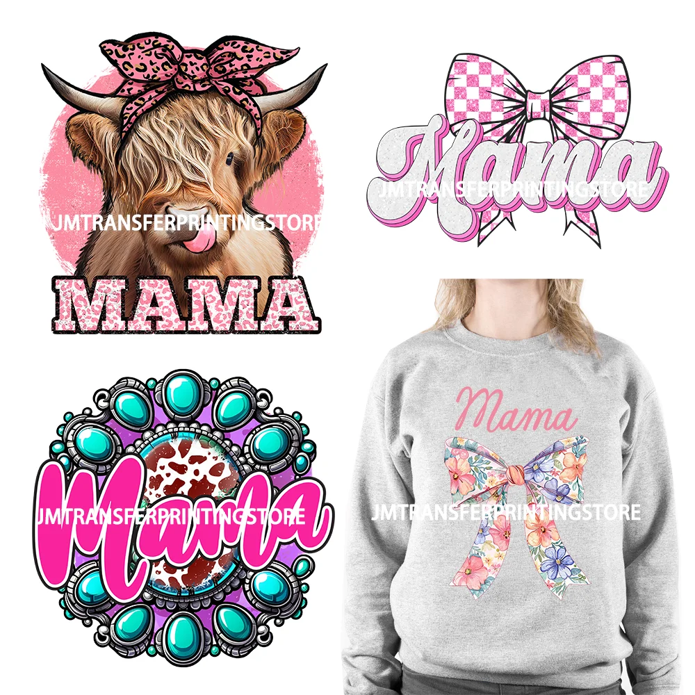 

Coquette Floral Mama Highland Cow Mama Vibes Country Western Mama Cowhide Turquoise Iron On DTF Transfer Stickers For Clothes