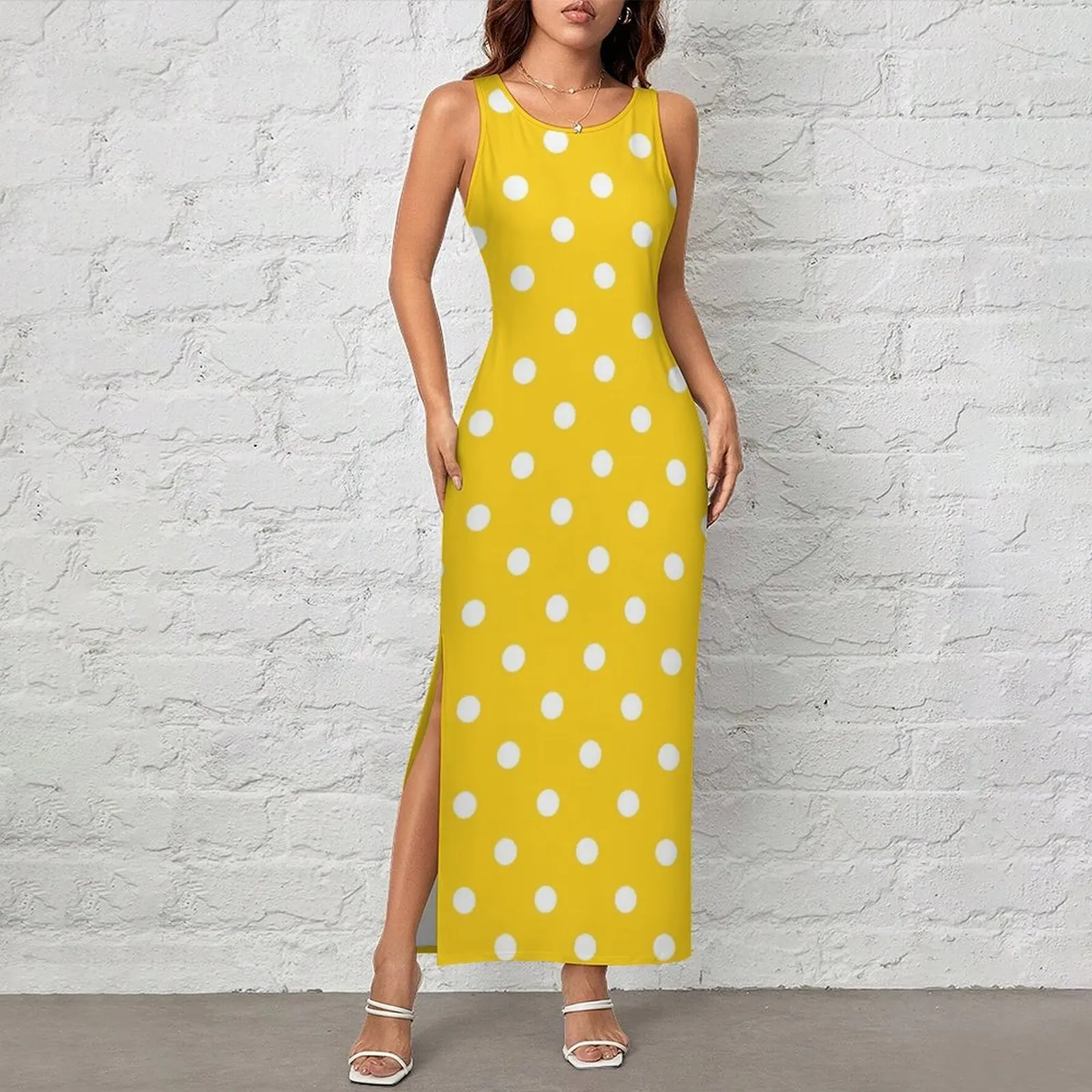 Woman Bodycon Dress Night Club Yellow Polka Dots Maxi Dresses Summer Retro Print Sleeveless Streetwear Pattern Dress Big Size