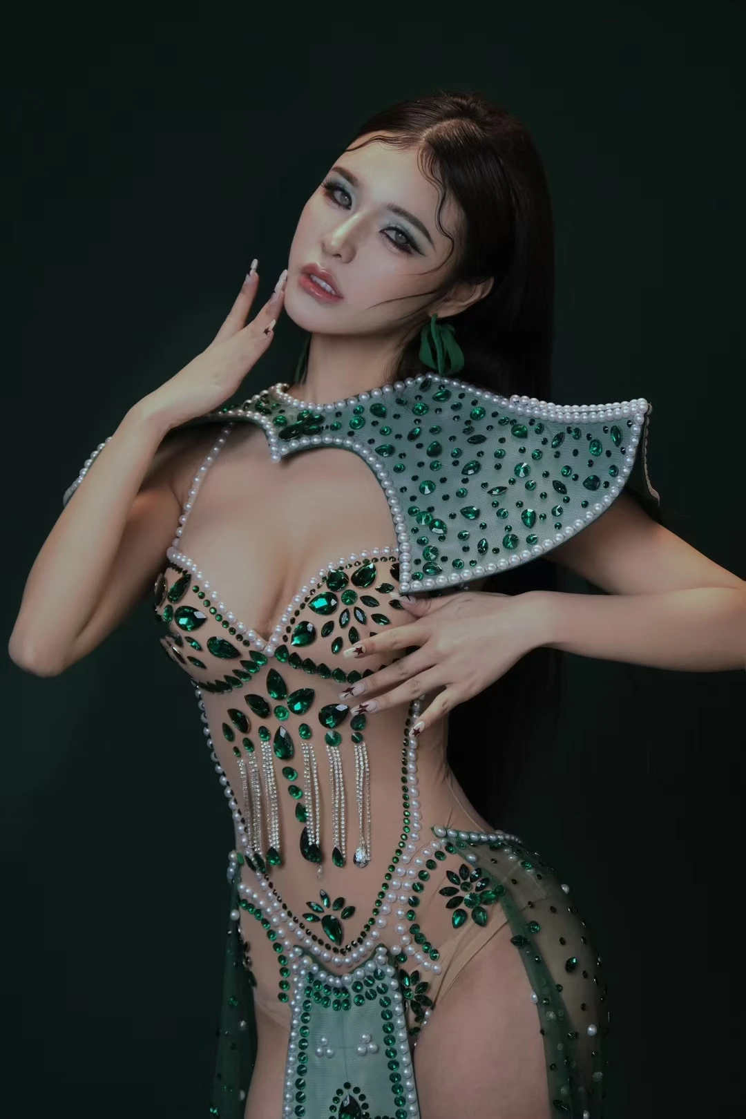 Sexiness Bodysuit 3Pieces Set for Women Cabaret Stage Performance Outfit Sparkly Green Rhinestone See Through Mesh Sexy Bodysuit