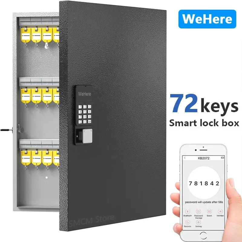 WeHere 72 caixa de bloqueio de chave, armário de armazenamento de chave montado na parede inteligente, OTP/APP Bluetooth/código fixo desbloqueio