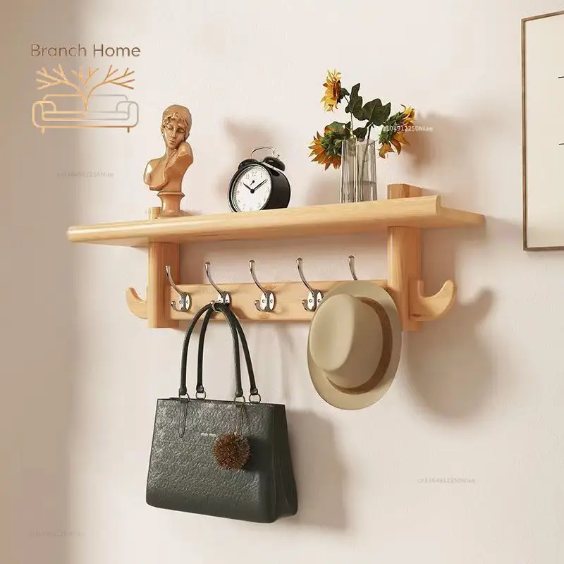 Wall-Mounted Solid Wood Coat Rack Rustic Entryway Organizer with Shelf & Hooks Multifunctional Living Room Storage Solution