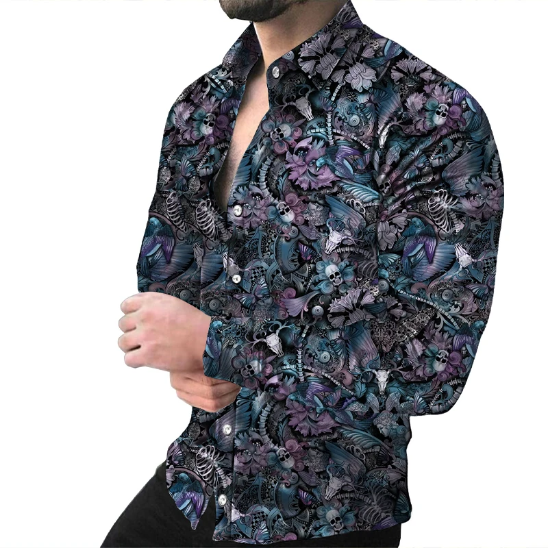 Retro Skull Flower Men\'s Pattern Long Sleeve Button Shirt Fashion Formal Shirt