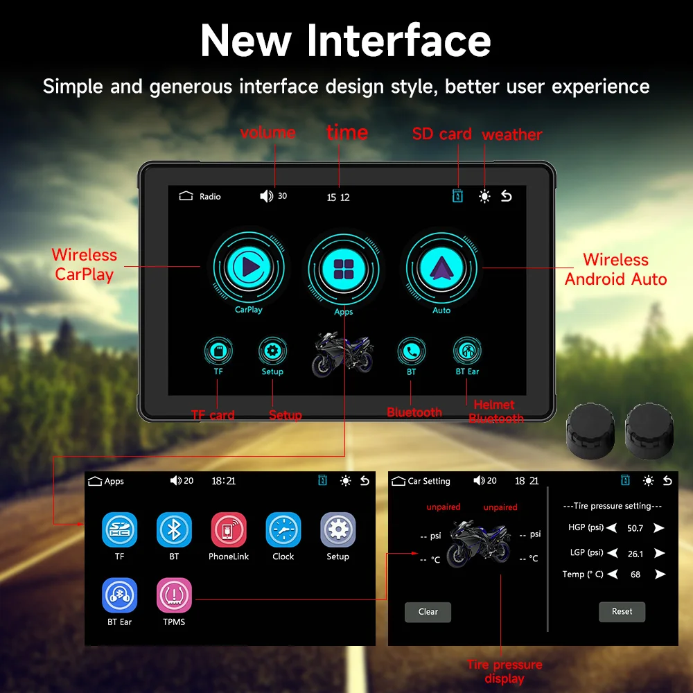 5/7“Motorcycle GPS Navigation Recorder Wireless CarPlay Android Auto Multimedia Player IP67 Waterproof Screen Bluetooth 2024 New