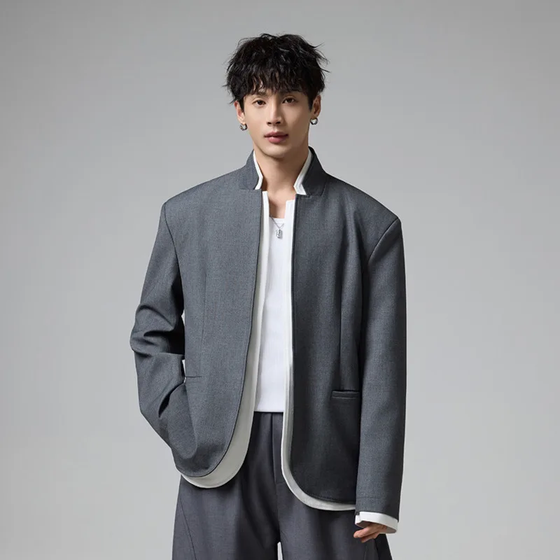 WVGA 2026 Spring Autumn New Man Tide High-end Spliced Fake Two-piece Trendy Stand Collar Blazer Niche Chic Casual Jakcets W20400