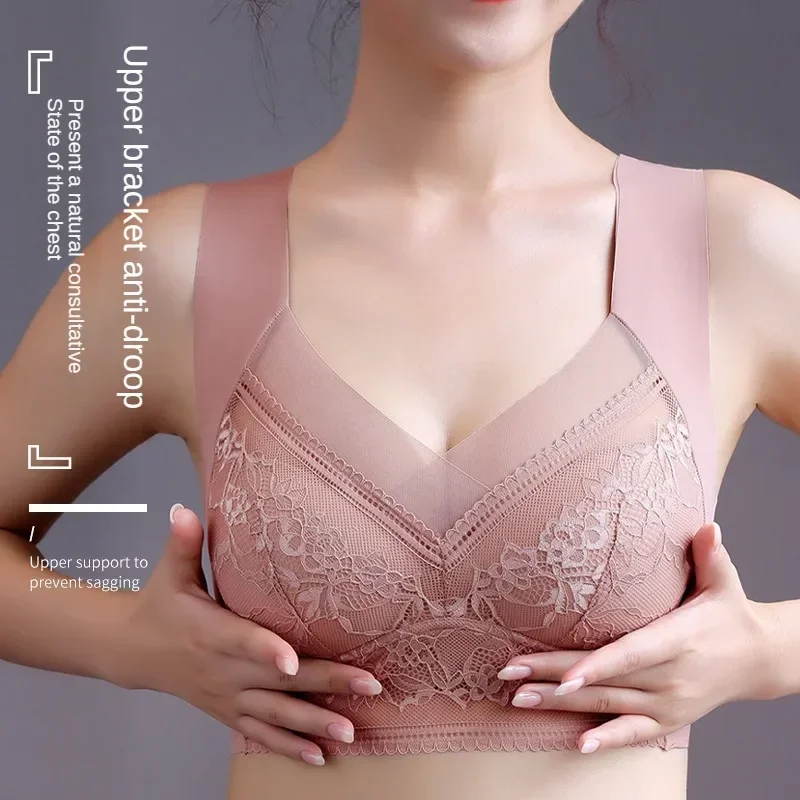 Sexy Lace Bras for Women Perspective Full Cup Solid Color Brassiere V-Neck Seamless Crop Top Female Push Up Breathable Lingerie