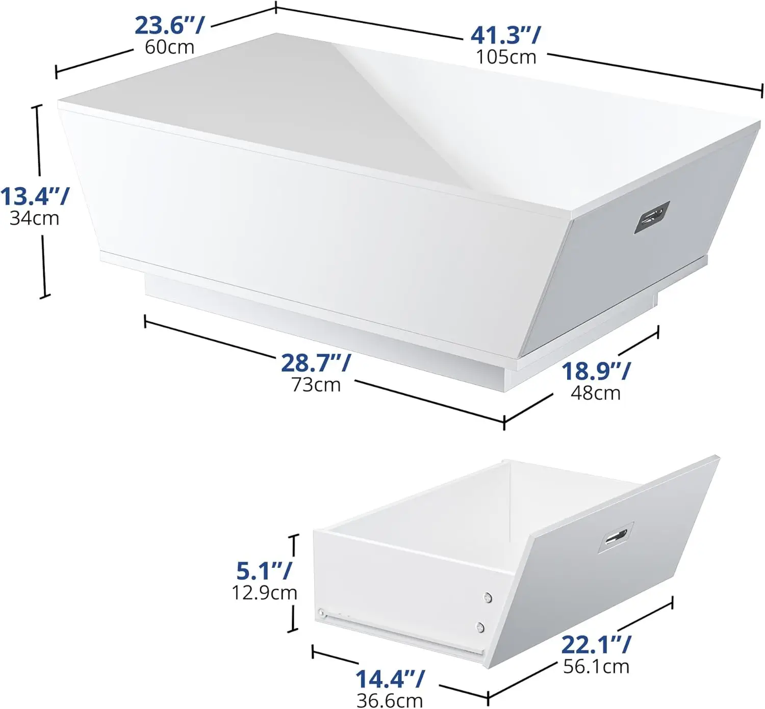 Acogedora mesa de centro Castle de alto brillo con LED, mesa de centro moderna con 2 cajones de almacenamiento ocultos grandes para sala de estar, blanco