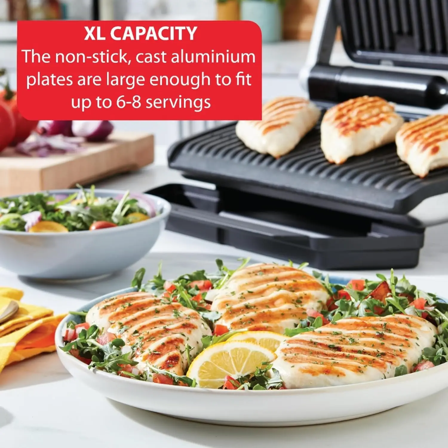 

Stainless Steel XL Electric Grill 6 Servings 9 Intelligent Automatic Cooking Modes 1800 Watts Nonstick Removable Plates