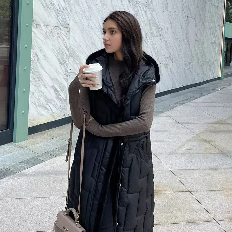 

Women's Down Cotton Vest 2025 Autumn Winter Over Knee Hooded Waist Cinching Coat Vest Warm Outerwear