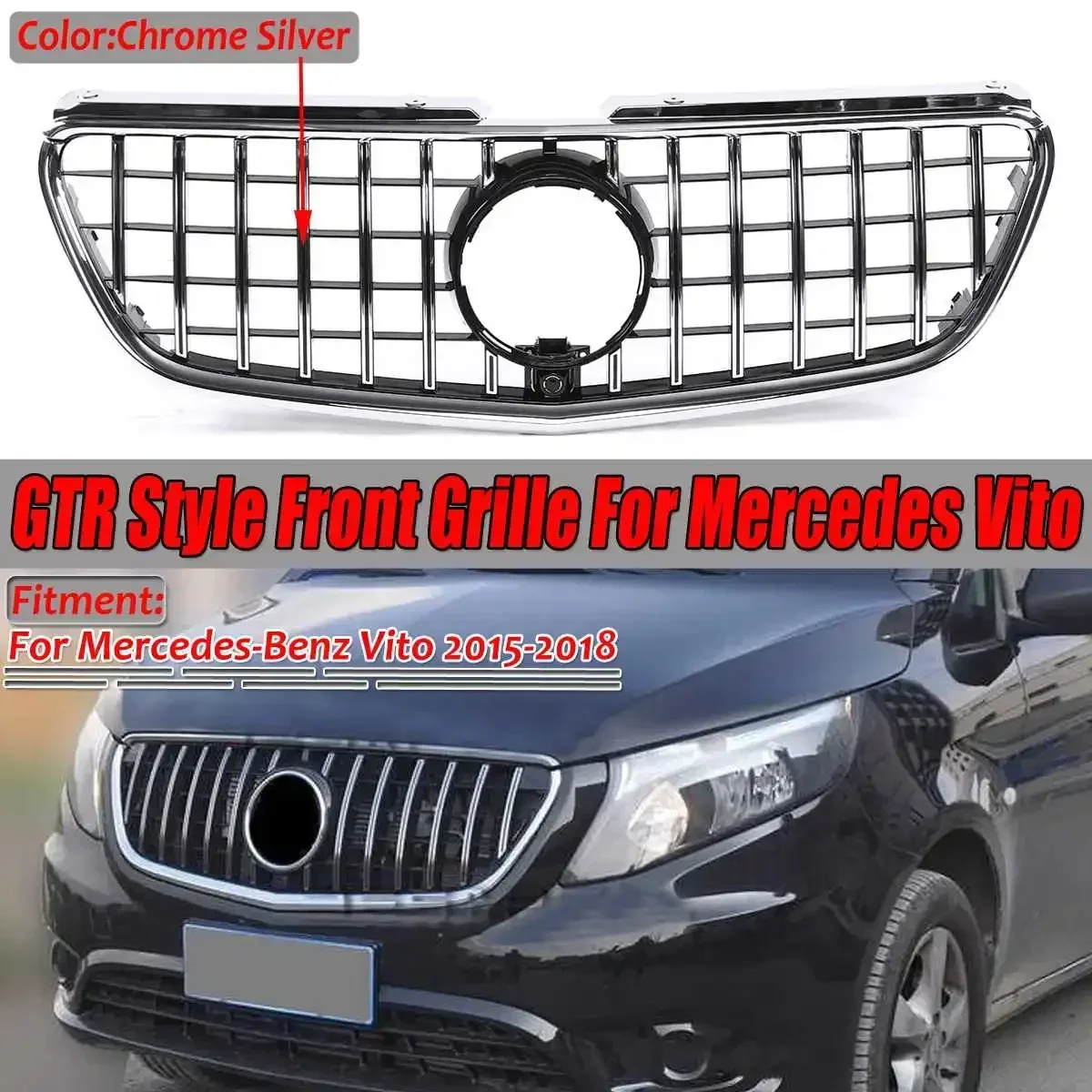 

Chrome /Gloss Black For GTR Style Car Front Bumper Grille For Mercedes For Benz Vito 2015 2016 2017 2018 WITHOUT EMBLEM Body Kit