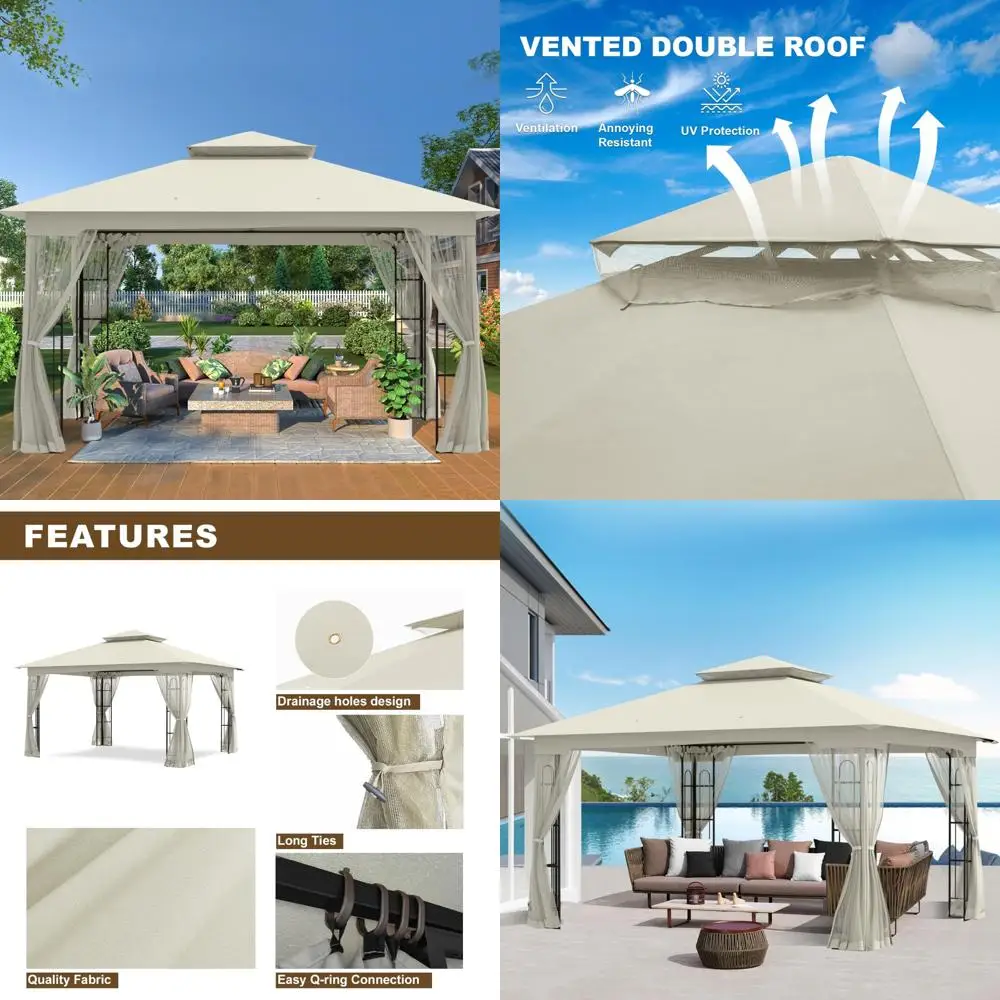

"Large 10x12 Outdoor Pavilion with Double Roof and Mosquito Netting for Backyard Patio Garden"
