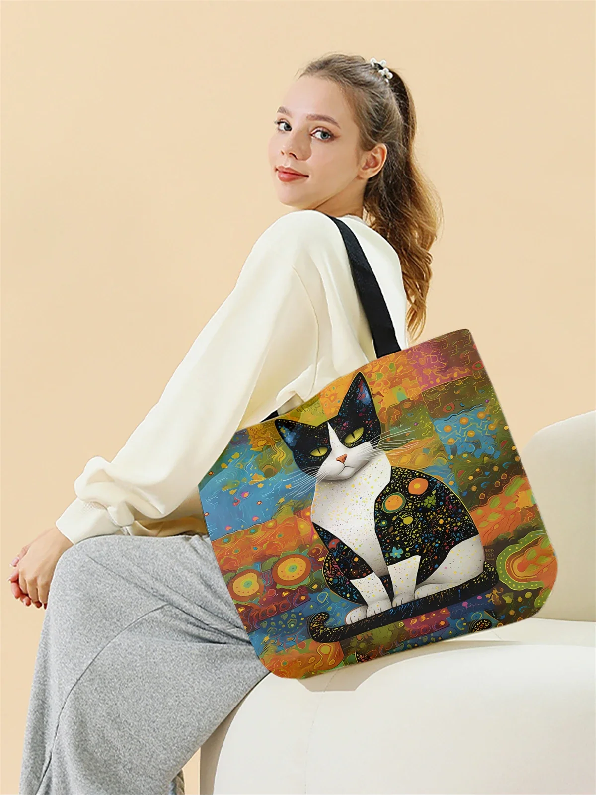 1 Stück, bunte Katzenhandtasche, wiederverwendbare modische Handtasche, multifunktionale Handtasche, bedruckte Einkaufstasche aus Segeltuch