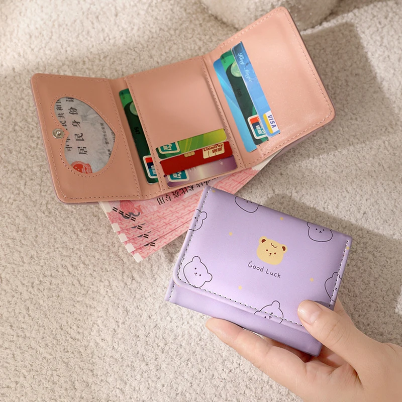 Women Short Thin Korean Version Cute Cartoon Bear Ladies Small Wallet Student Three-fold Wallet Female Fashion Short Coin Purse