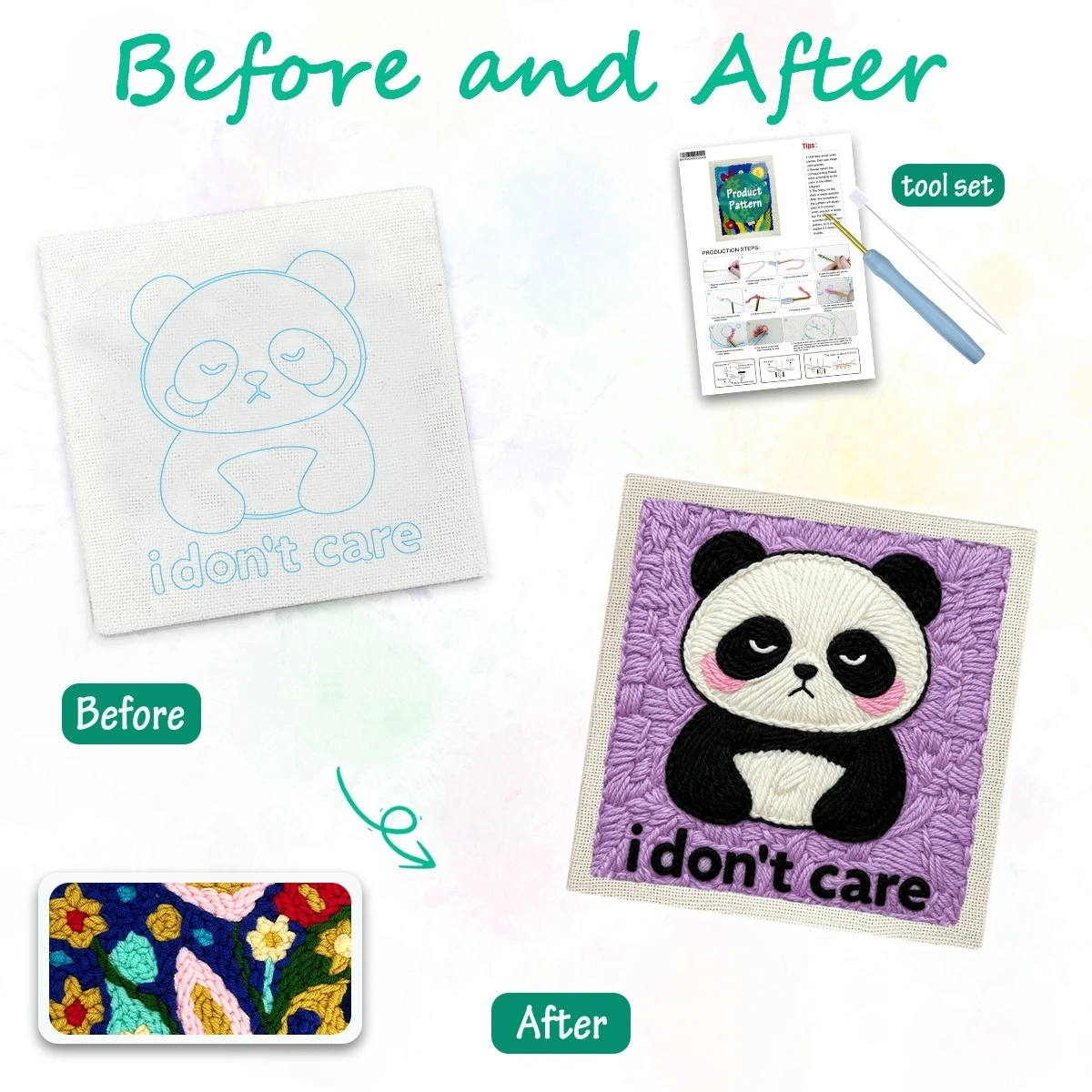 1 Set „I Don't Care Panda“ DIY-Stickset für Anfänger, Stick-Starter-Kit, Kreuzstich-Kunstgeschenk, Handarbeits-Bastelset – Detail 2