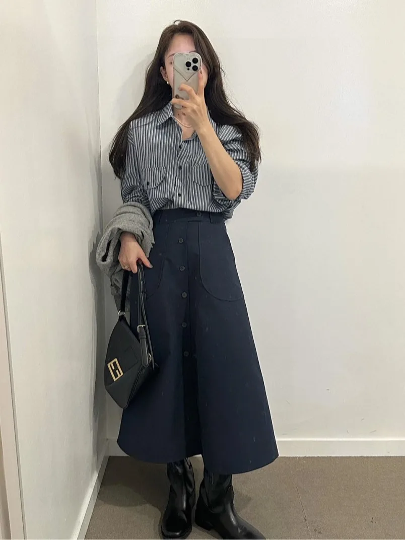 

Chic Early Autumn Women's Striped irt Long Sve Loose Fit Button ket Street Sle Pure E-commerce S Chinese Origin
