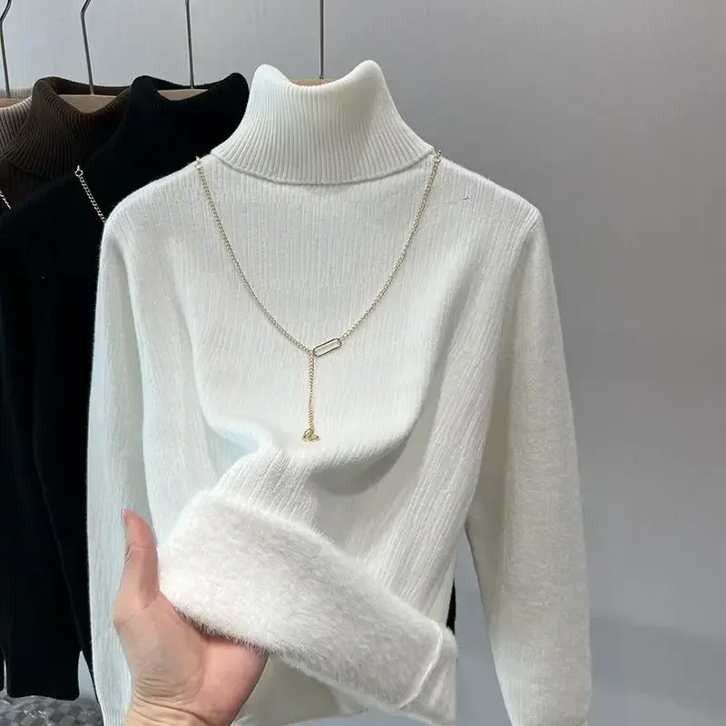 

Thicken Sweater Winter Turtleneck Women Casual Warm Plush Lining Knit Tops Add Velvet Bottomed Long sleeved Pullover 2023