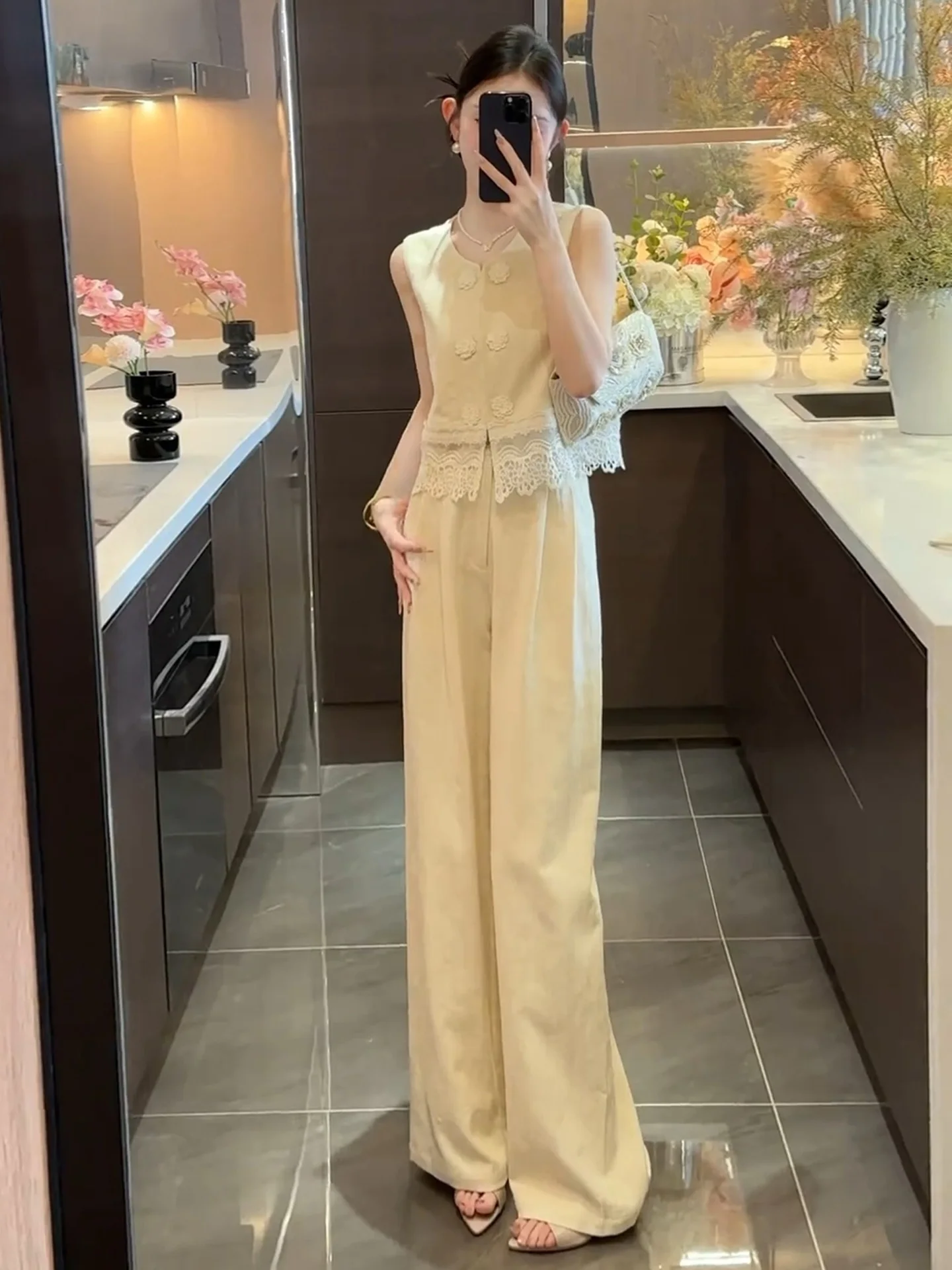 

Fashionable High Waist Wide Leg Sleeveless Women's Set Elegant Atmosphere Summer Collection Cotton Material round Neckline