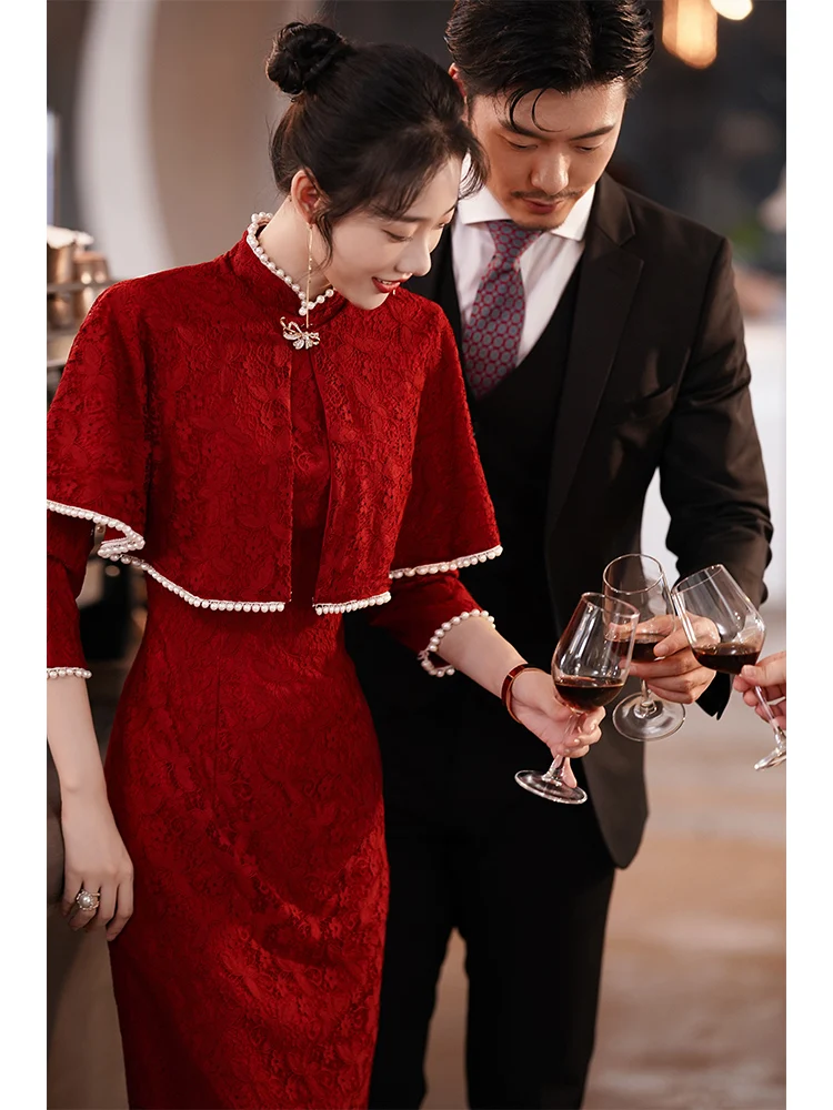 

Red Wine Color Wedding Dr Chinese Sle Bridal Gown oulder Length Evening Gown for Women Vintage Sle