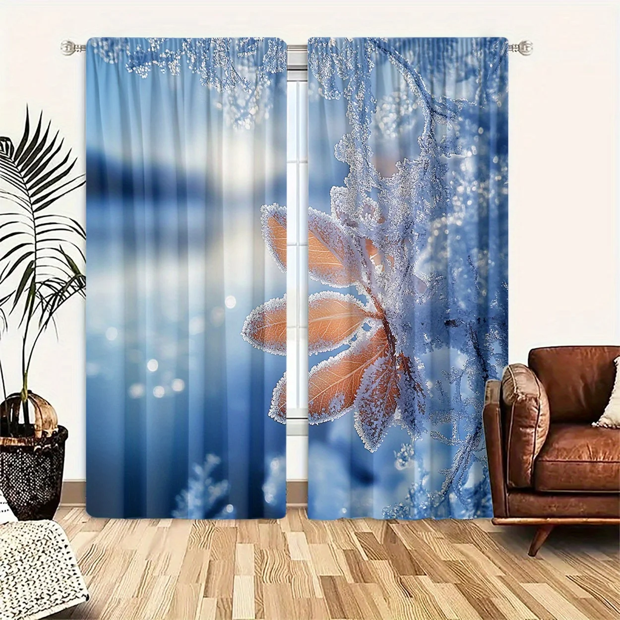 Frost Leaf Winter Bokeh Curtain 2 Panels, Ice Crystal Twig Frozen Foliage Soft Blue Gradient Print, Drapes for Bedroom Curtain