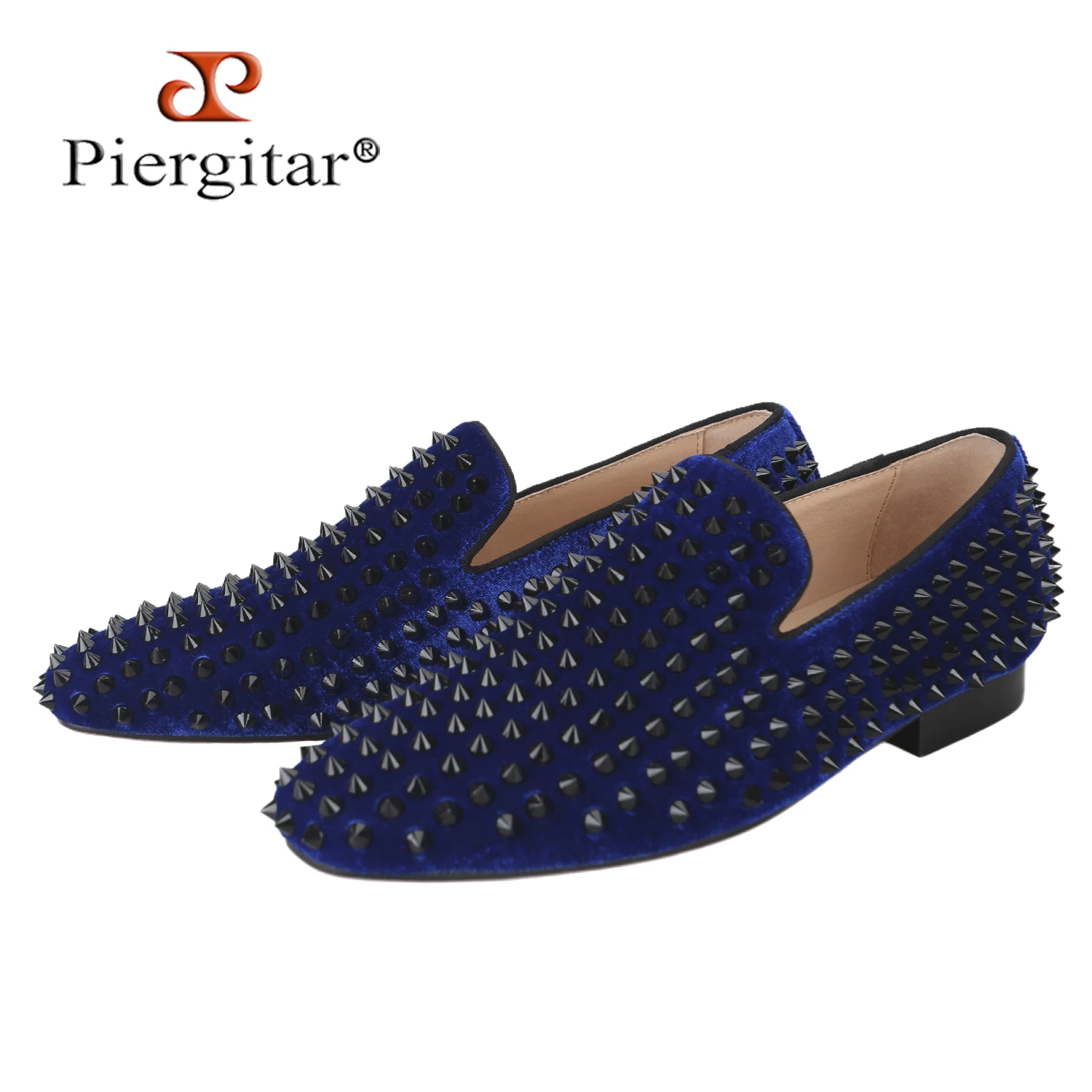 Piergitar Three Colors Men Velvet Shoes With Handmade Black Spikes For Party And Wedding Wear Italian Style Red Sole Loafers