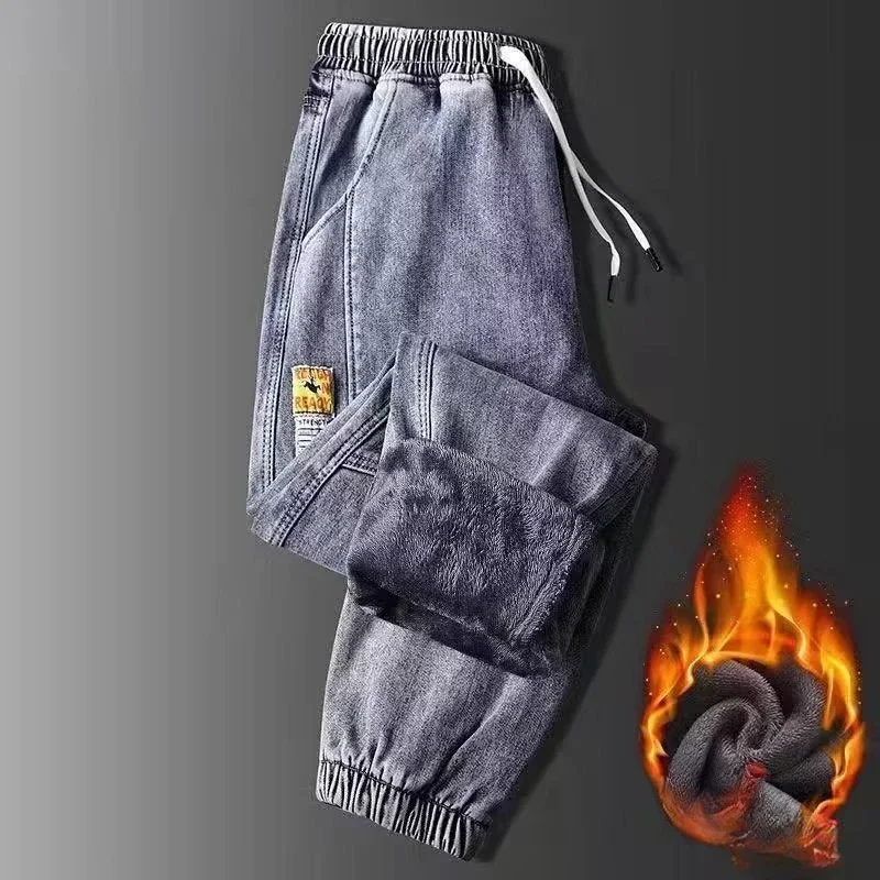 Neue Winter Warme Fleece Jeans Männer Harem Männer Jeans Stretch Baumwolle Dicke Samt Hosen Männer Blau Schwarz Casual Hosen Männlich