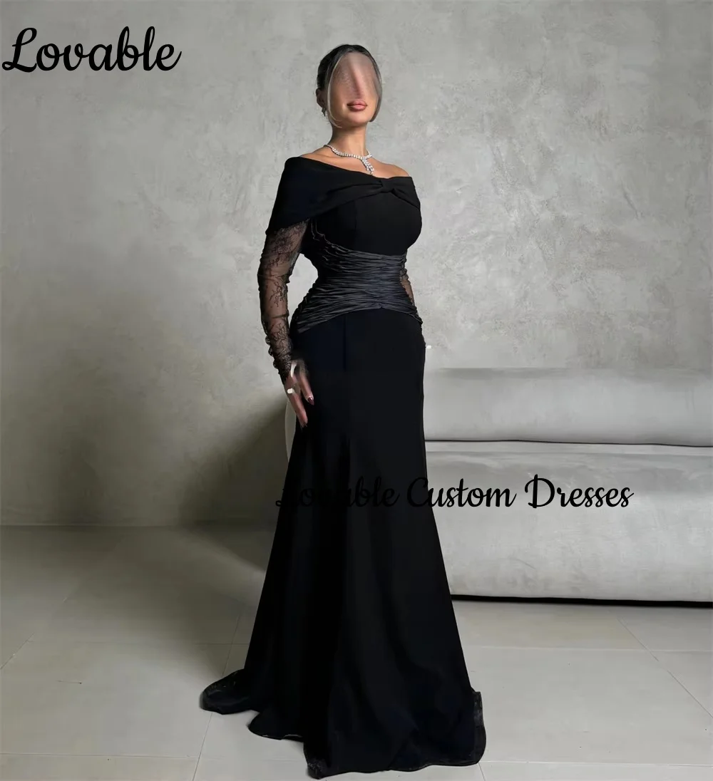 우아한 맞춤형 블랙 럭셔리 이브닝 드레스 A라인 오프숄더 플로어 길이 레이스 공식 행사 드레스 긴 소매