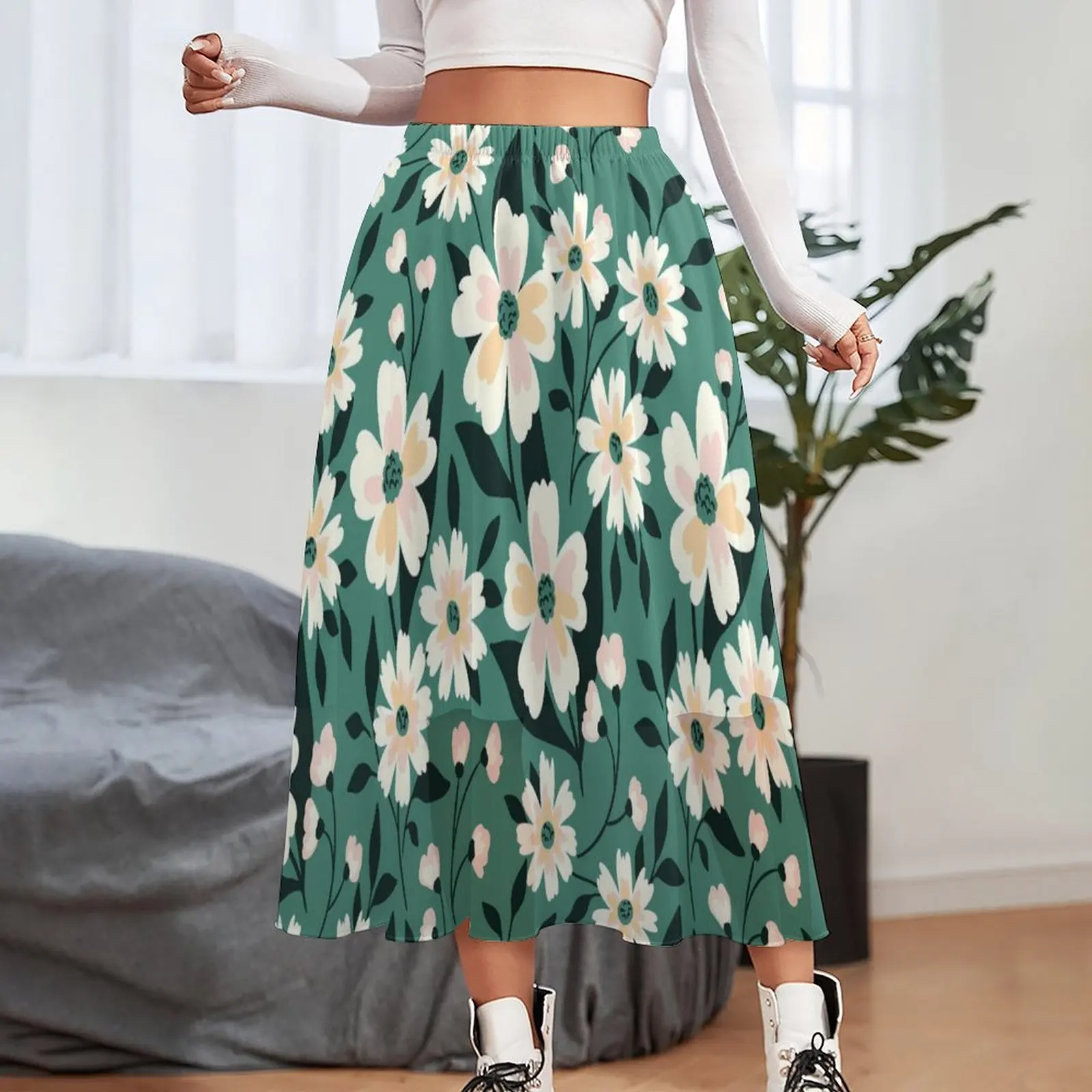 White Daisies Print Skirt Meadow Floral Street Fashion Casual Skirts Cute A-line Skirt Women Custom Oversized Clothes