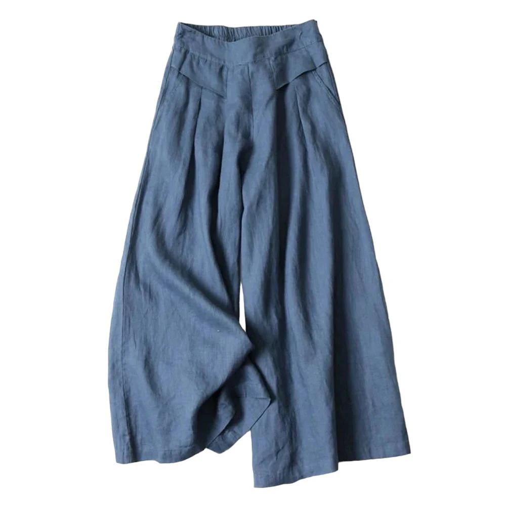 Pantalones Culottes de Verano para Mujer, de Algodón y Lino, Corte Ancho, Cintura Elástica, Estilo Casual, con Bolsillos
