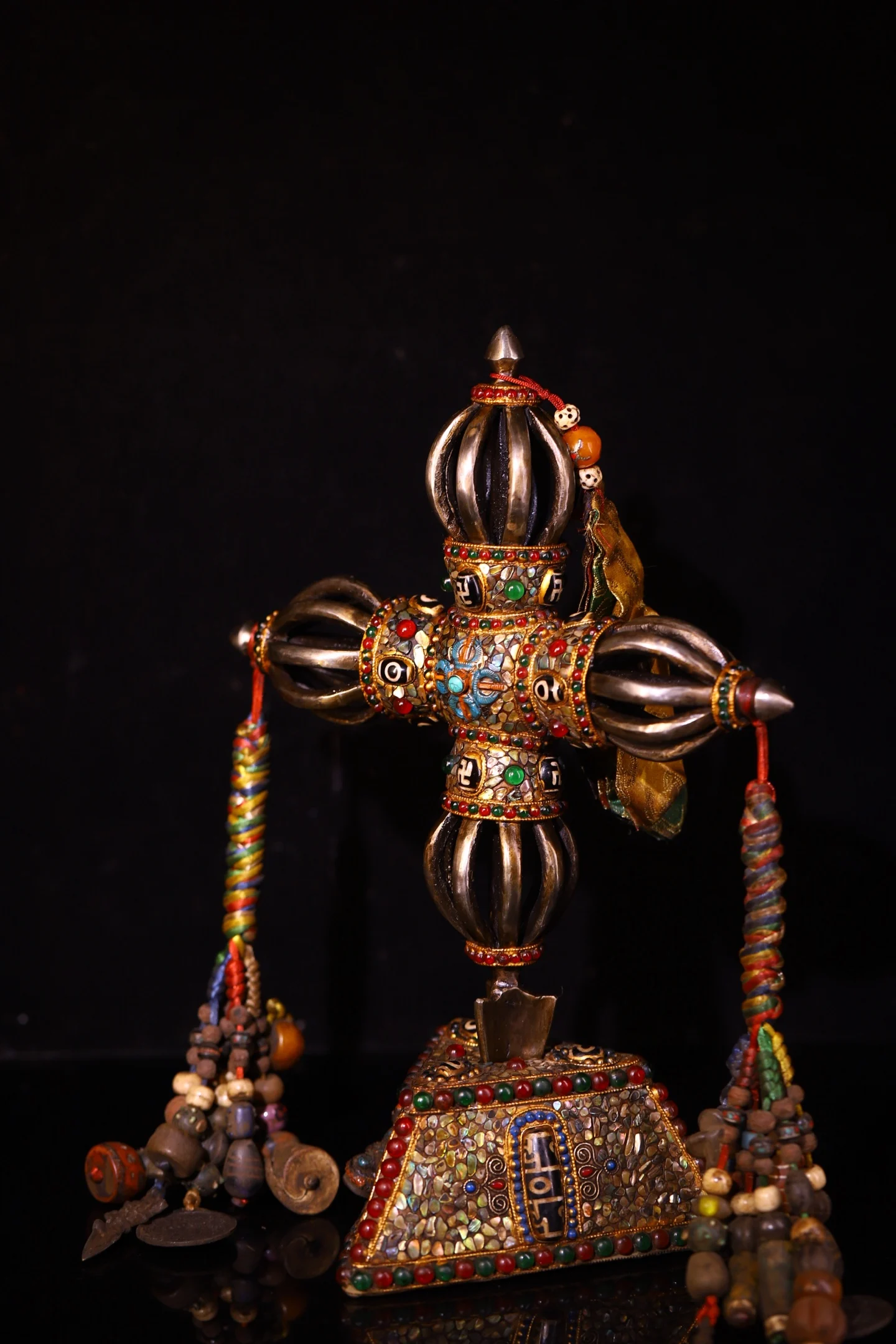 Old Tiantie Mosaic  Gem gZi Beads Shell Cross Nine Shares Vajra Phurpa Shakyamuni Buddha Base Pendant Worship Hall Town house