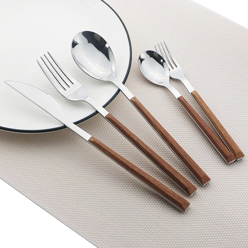 Wood Handle Cutlery Set Korean Stainless Steel Tableware Set Kitchen Knife Fork Spoon Chopsticks Dinnerware Set Tableware Set