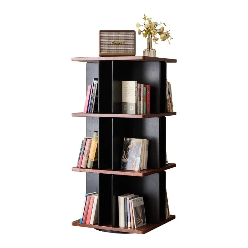 

French retro ash wood solid wood 360-degree rotatable bookshelf, floor-to-ceiling multi-layer shelves in the living room