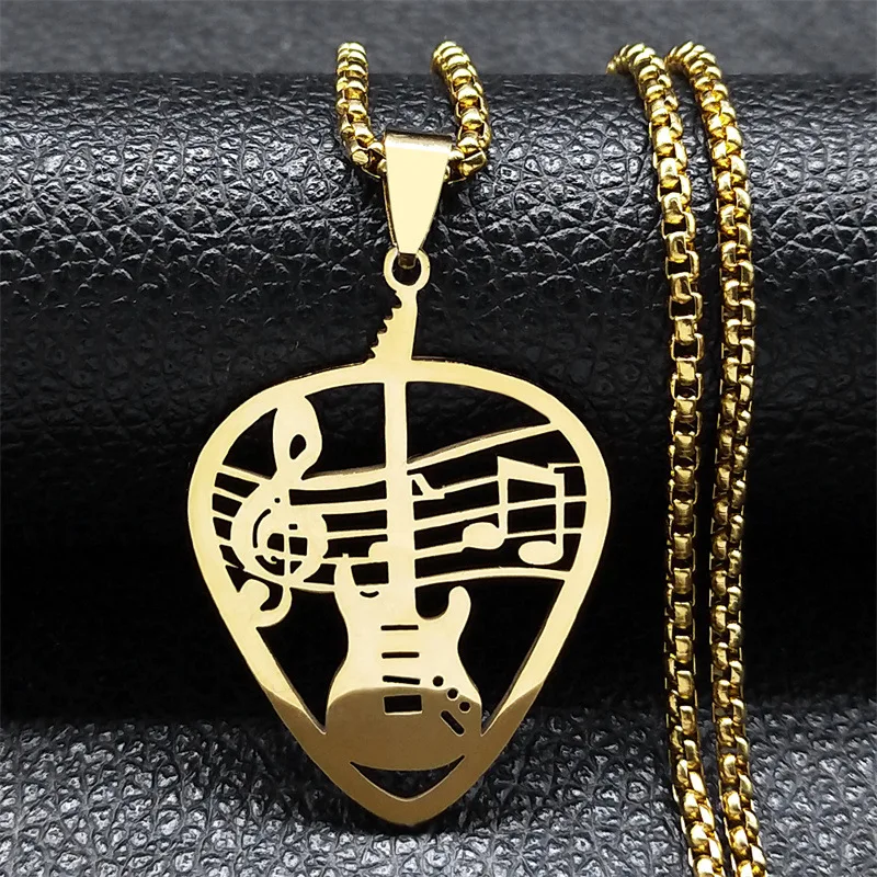 New fashion guitar pick pendant necklace for women men stainless steel punk rock notes clavicle chain jewelry