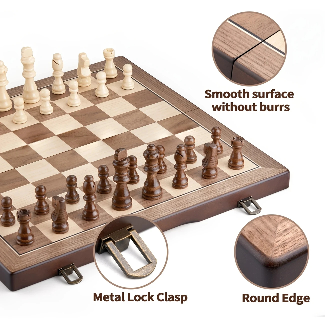 39,37 cm/15,5 Zoll Magnetisches Holz-Schachspiel mit 2 zusätzlichen Dronnen, faltbares, tragbares Reisebrett, geeignet für Turniere – Detail 2