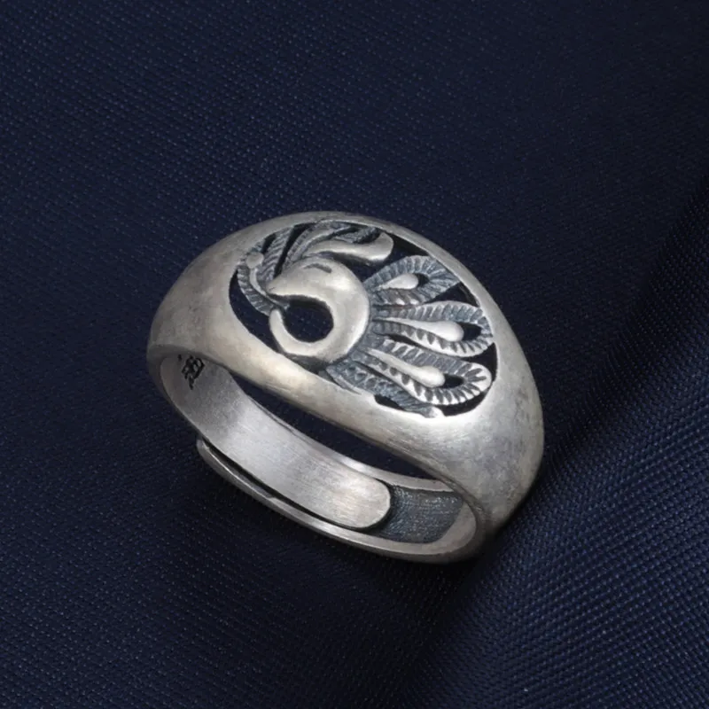 

100% 990 pure silver peacock ring retro wide version ethnic style hollow opening adjustment