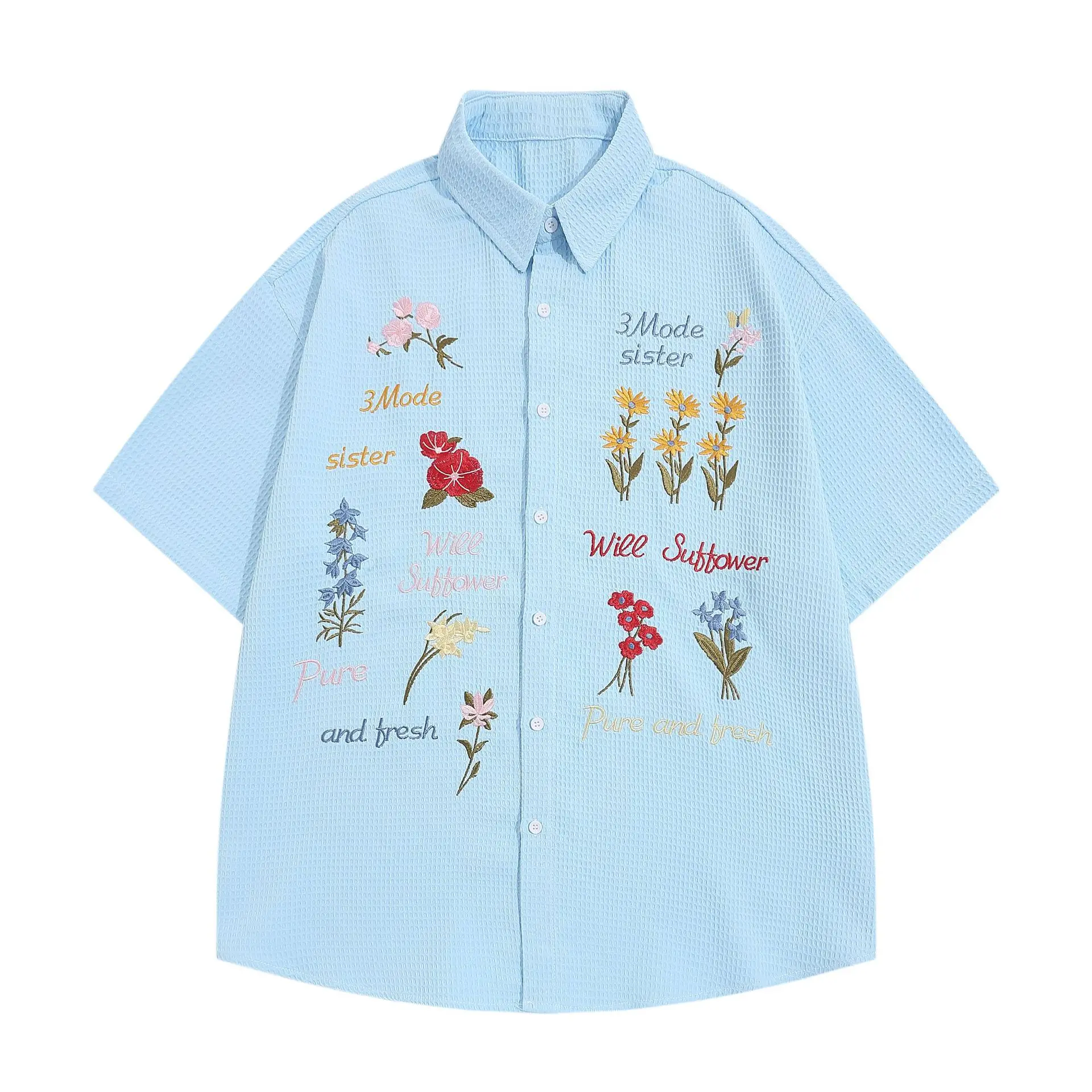 American Vintage Bear Embroidery Checkered Short Sleeve Shirt for Men Women Loose Casual Summer Shirts Couple Men Clothing Tops